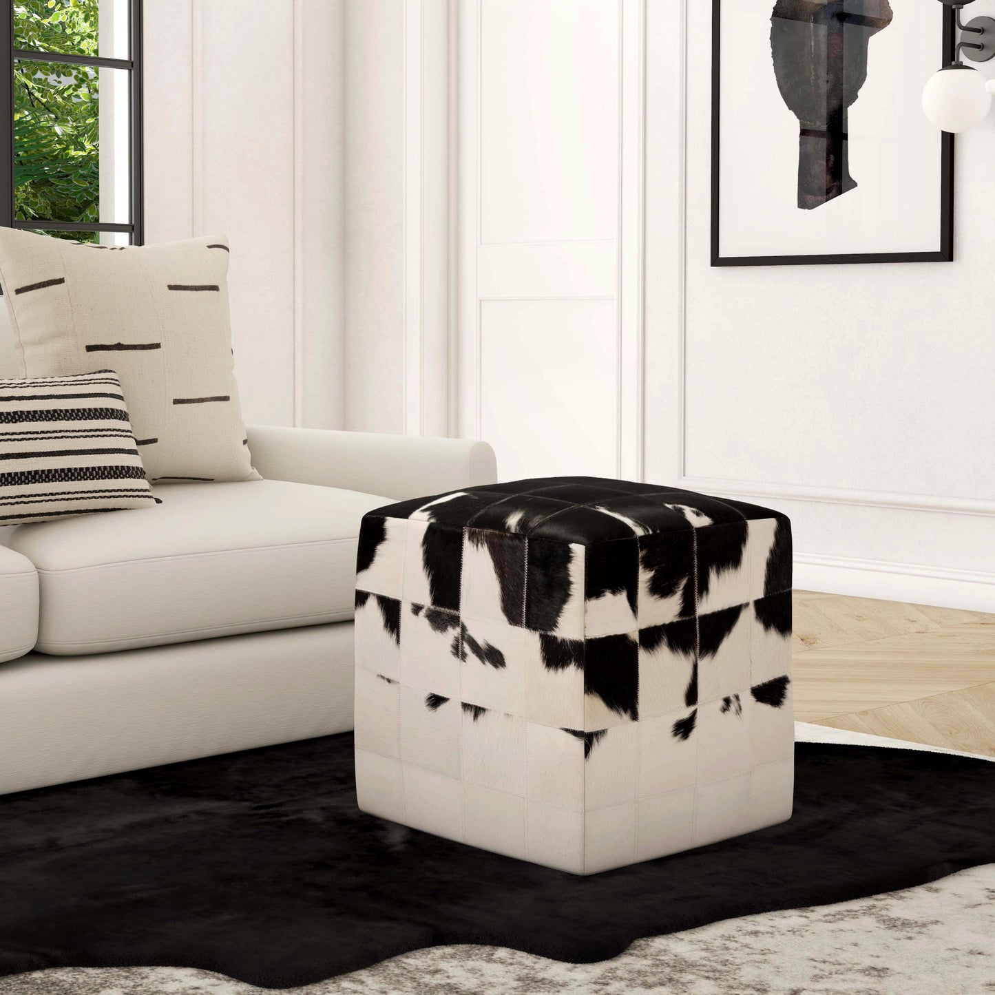 Victorian Hair on Hide Cube Ottoman in Black and White  5535373