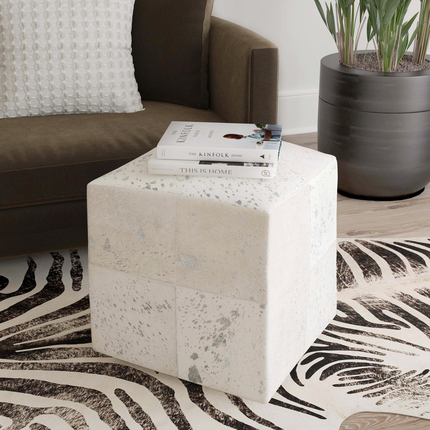 Victorian Hair on Hide with Silver Spots Cube Ottoman in White  5535409