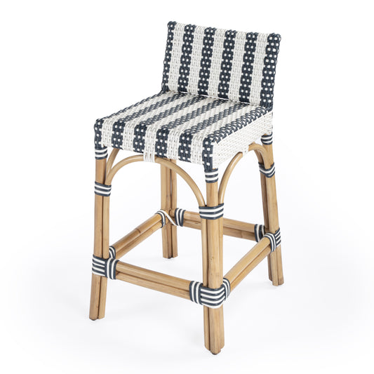 Serienna Rectangular Rattan Low Back 24.5" Counter Stool in White and Navy Stripe  5585372