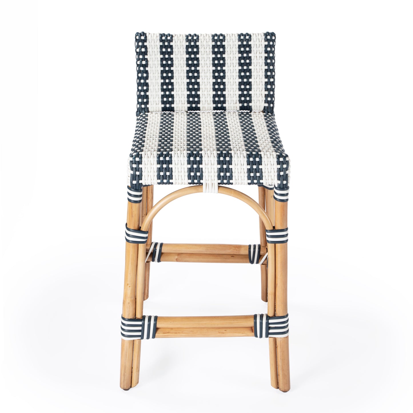 Serienna Rectangular Rattan Low Back 24.5" Counter Stool in White and Navy Stripe  5585372