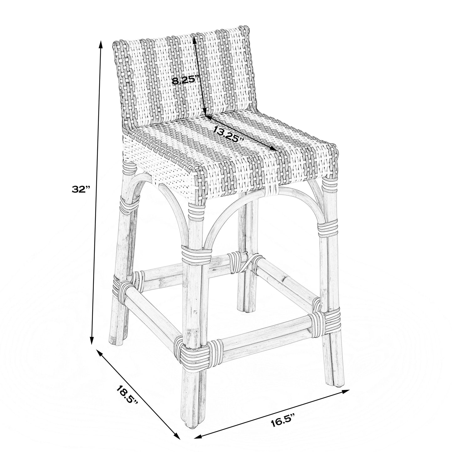 Serienna Rectangular Rattan Low Back 24.5"Counter Stool in White and Navy Stripe  5585372