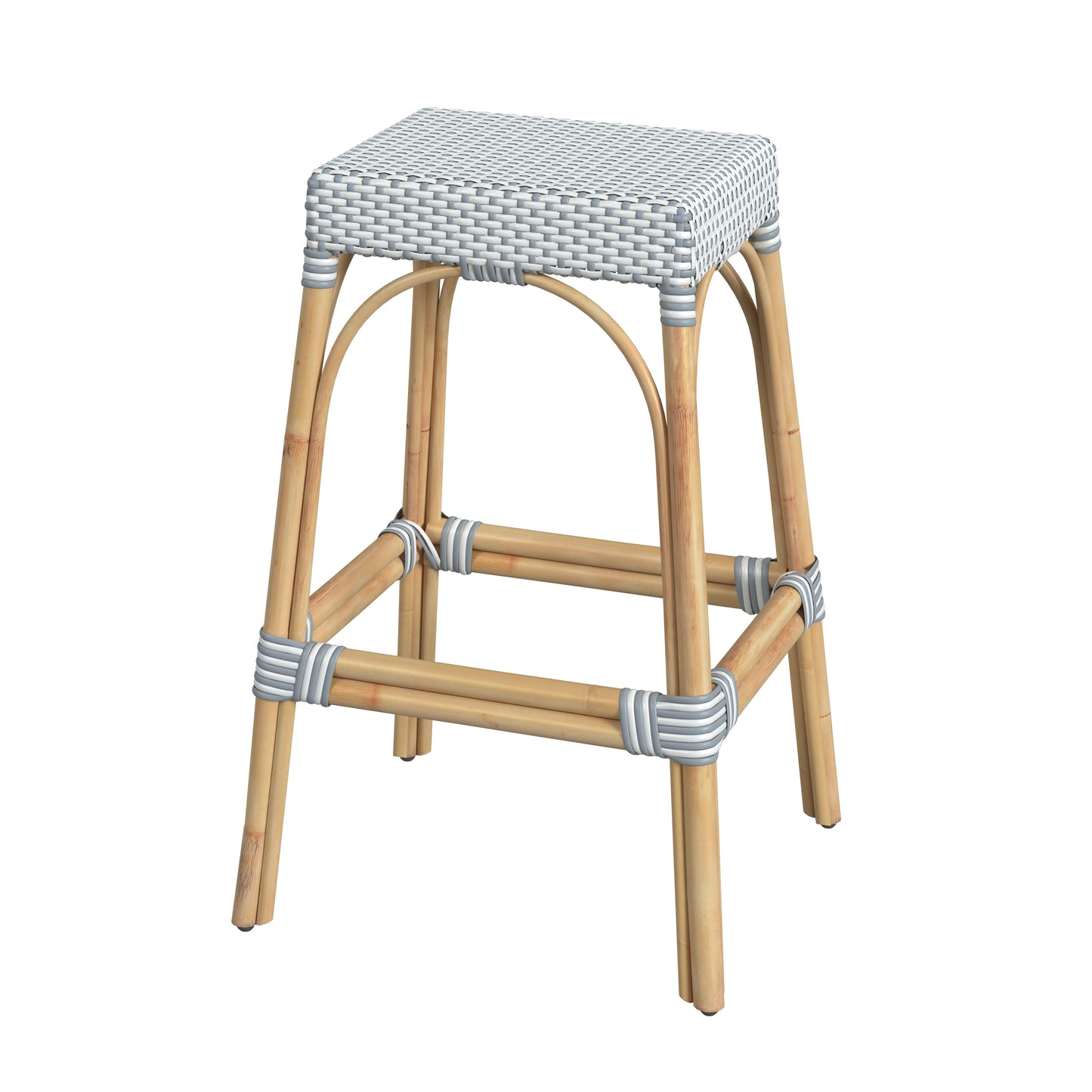 Robias Rectangular Rattan 30" Bar Stool in White and Sky Blue Dot  5604194