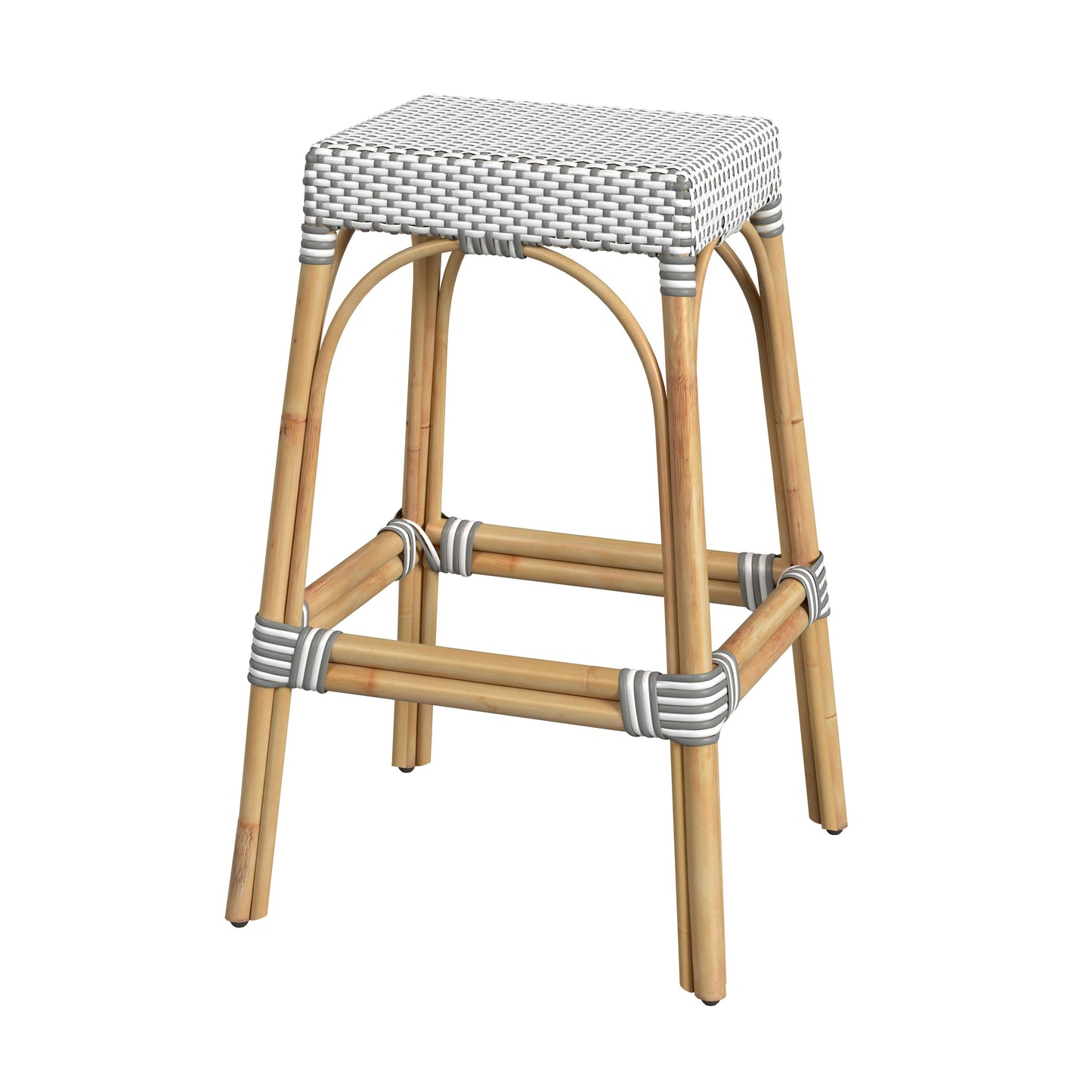 Robias Rectangular Rattan 30" Bar Stool in Gray and White Dot  5604266