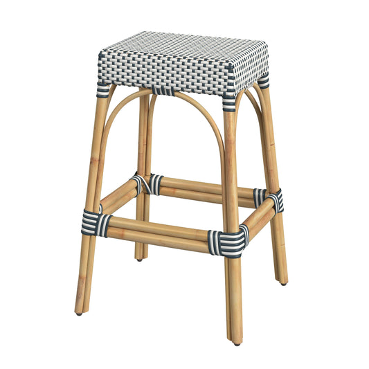 Robias Rectangular Rattan 30" Bar Stool in White and Navy Stripe  5604291