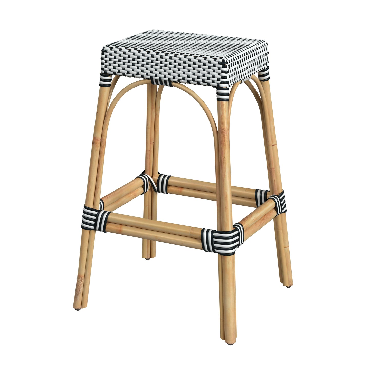 Robias Rectangular Rattan 30" Bar Stool in White and Black Dot  5604295