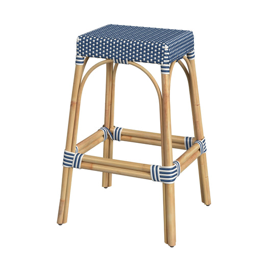 Robias Rectangular Rattan 30" Bar Stool in Blue and White Dot  5604303