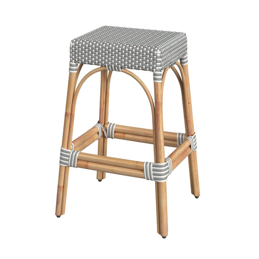 Robias Rectangular Rattan 30" Bar Stool in White and Gray Dot  5604329