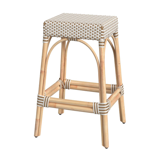 Robias Rectangular Rattan 30" Bar Stool in White and Tan Dot  5604415