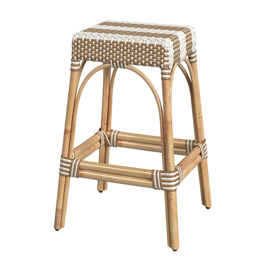 Robias Rectangular Rattan 30" Bar Stool in Tan and White Stripe  5604984