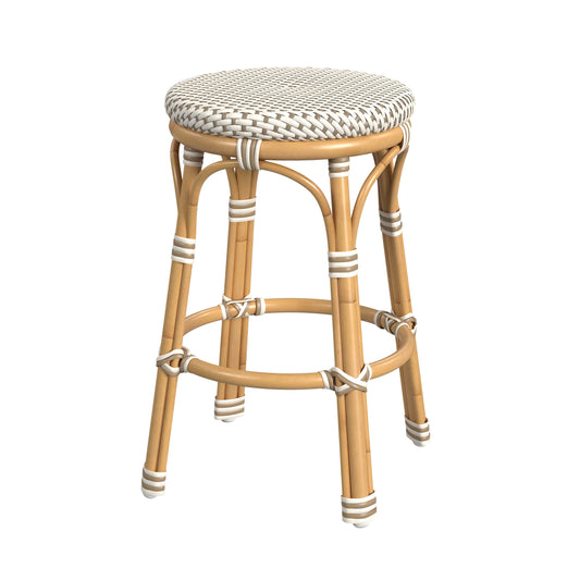 Tobias 24.5 in. Seat Height Outdoor Rattan and Metal Backless Counter Stool in Beige and White  5648433