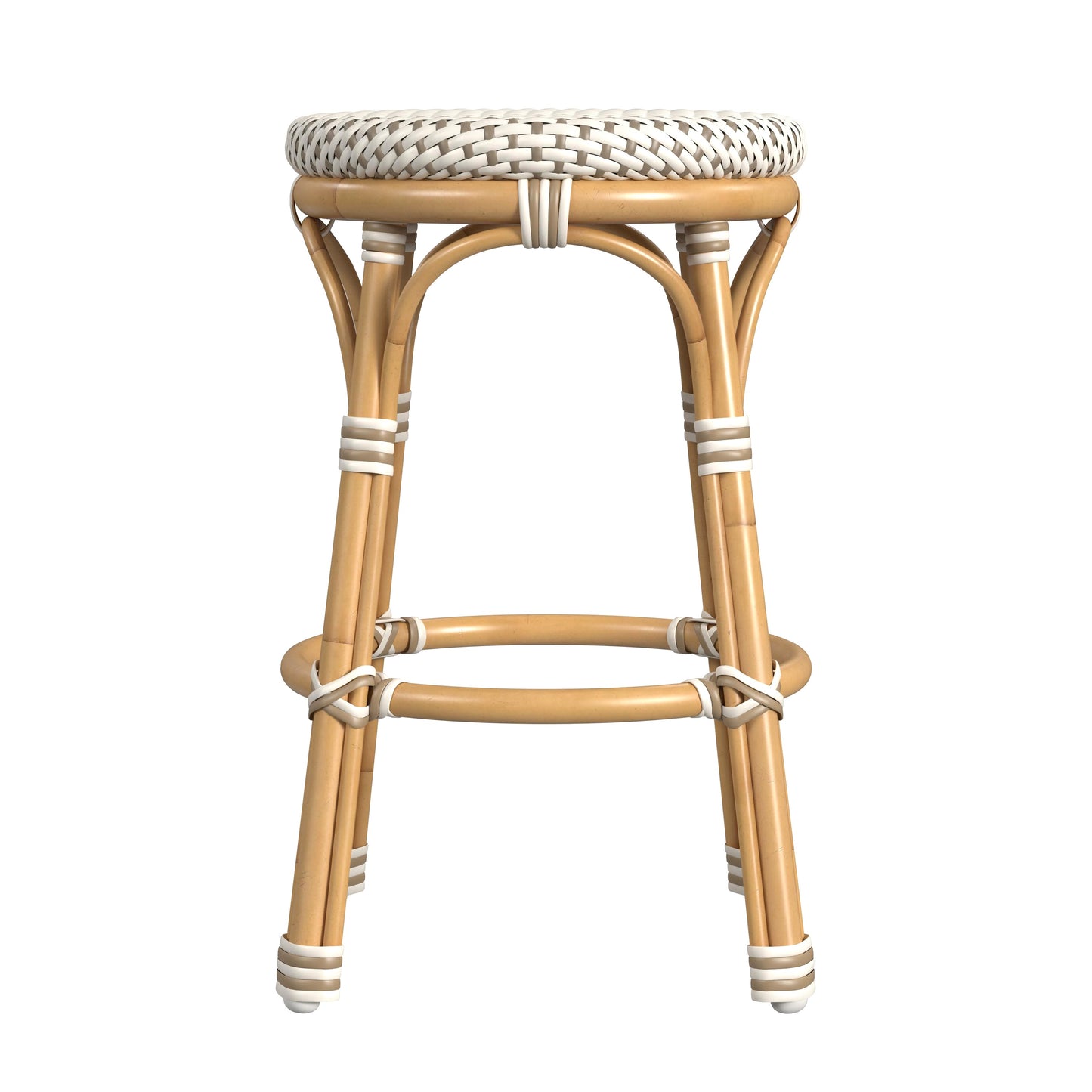 Tobias 24.5 in. Seat Height Outdoor Rattan and Metal Backless Counter Stool in Beige and White  5648433