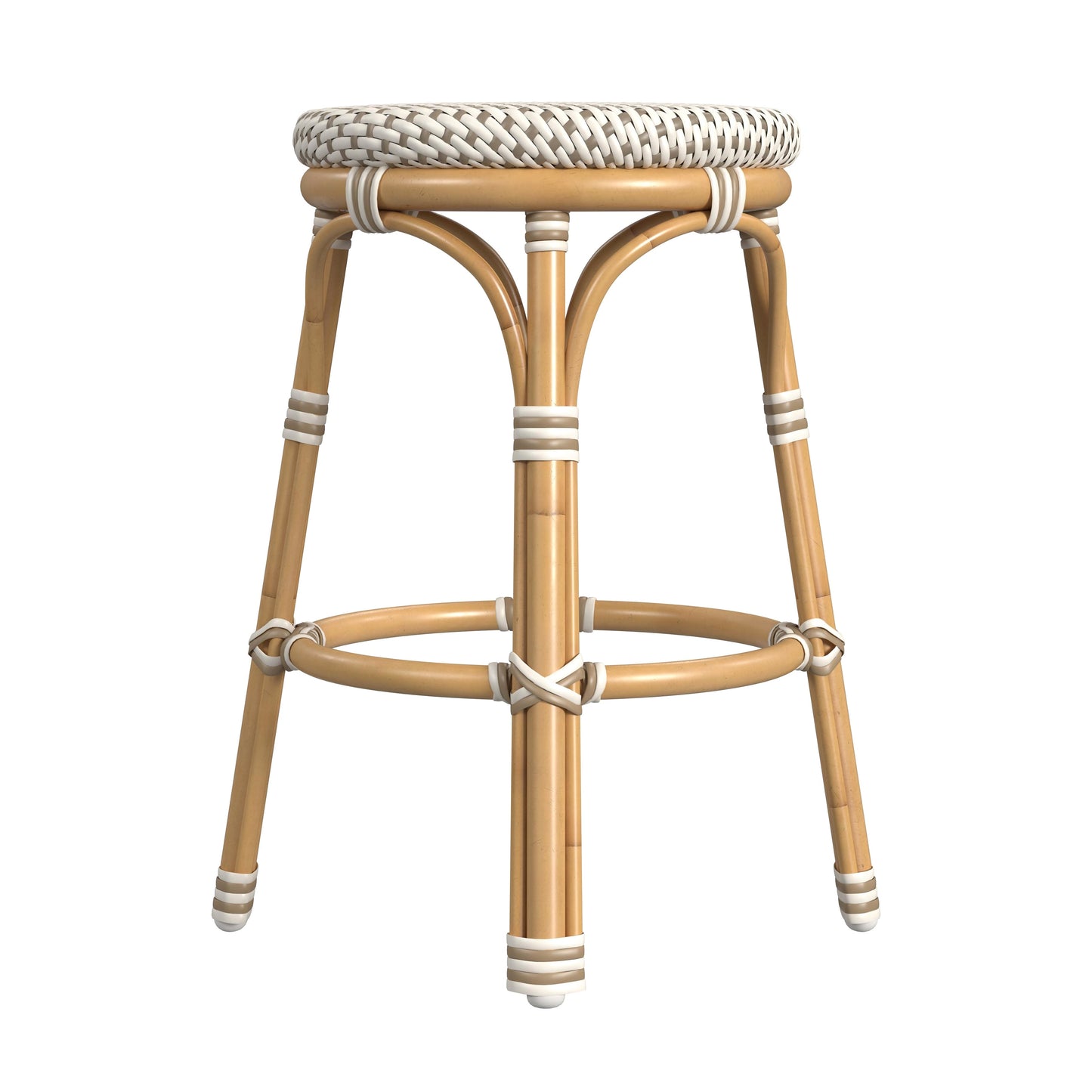 Tobias 24.5 in. Seat Height Outdoor Rattan and Metal Backless Counter Stool in Beige and White  5648433