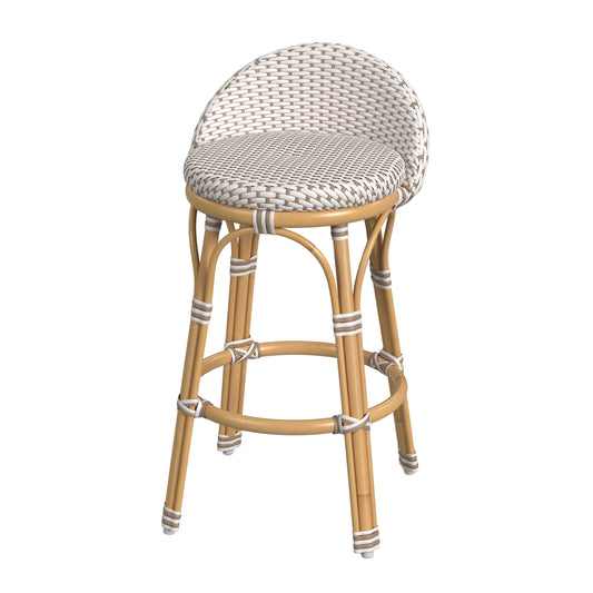 Tobias Outdoor Rattan and Metal Low Back Counter stool in Beige and White  5649433