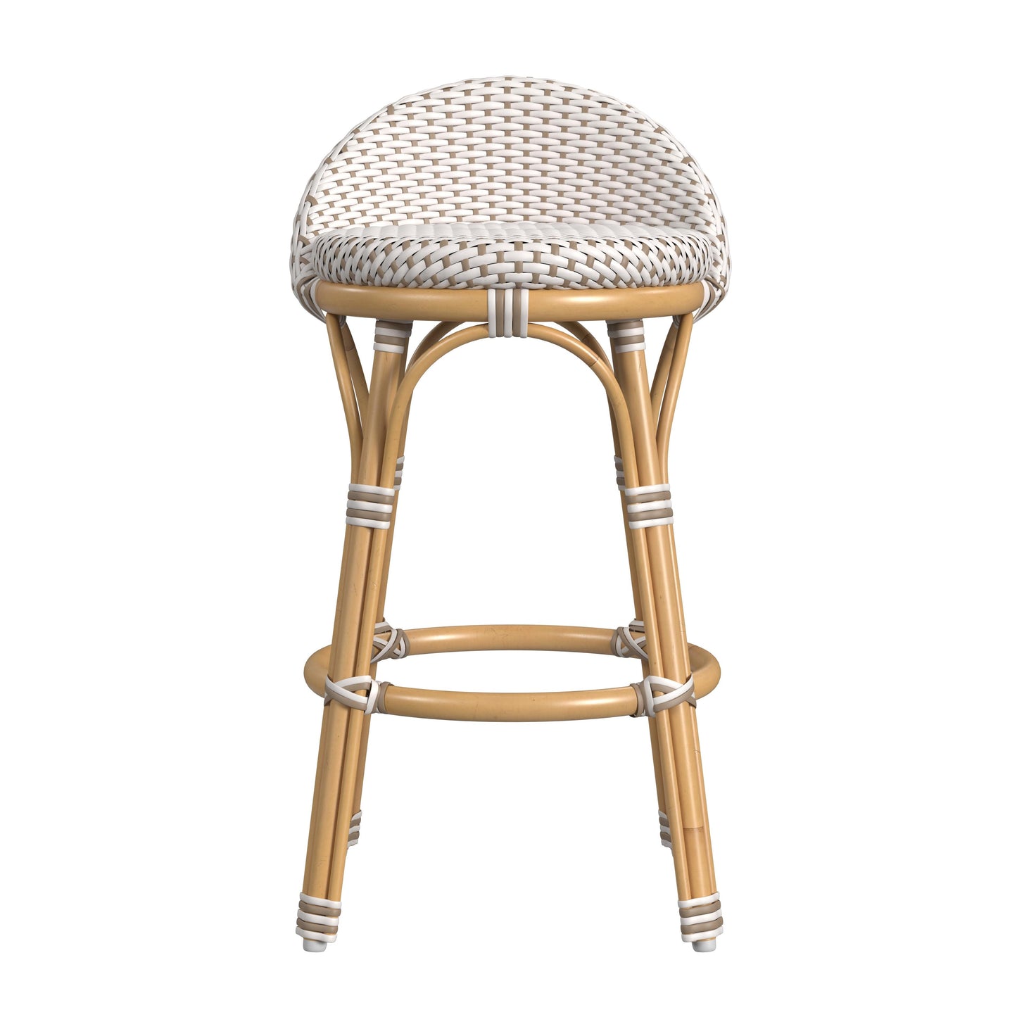 Tobias Outdoor Rattan and Metal Low Back Counter stool in Beige and White  5649433