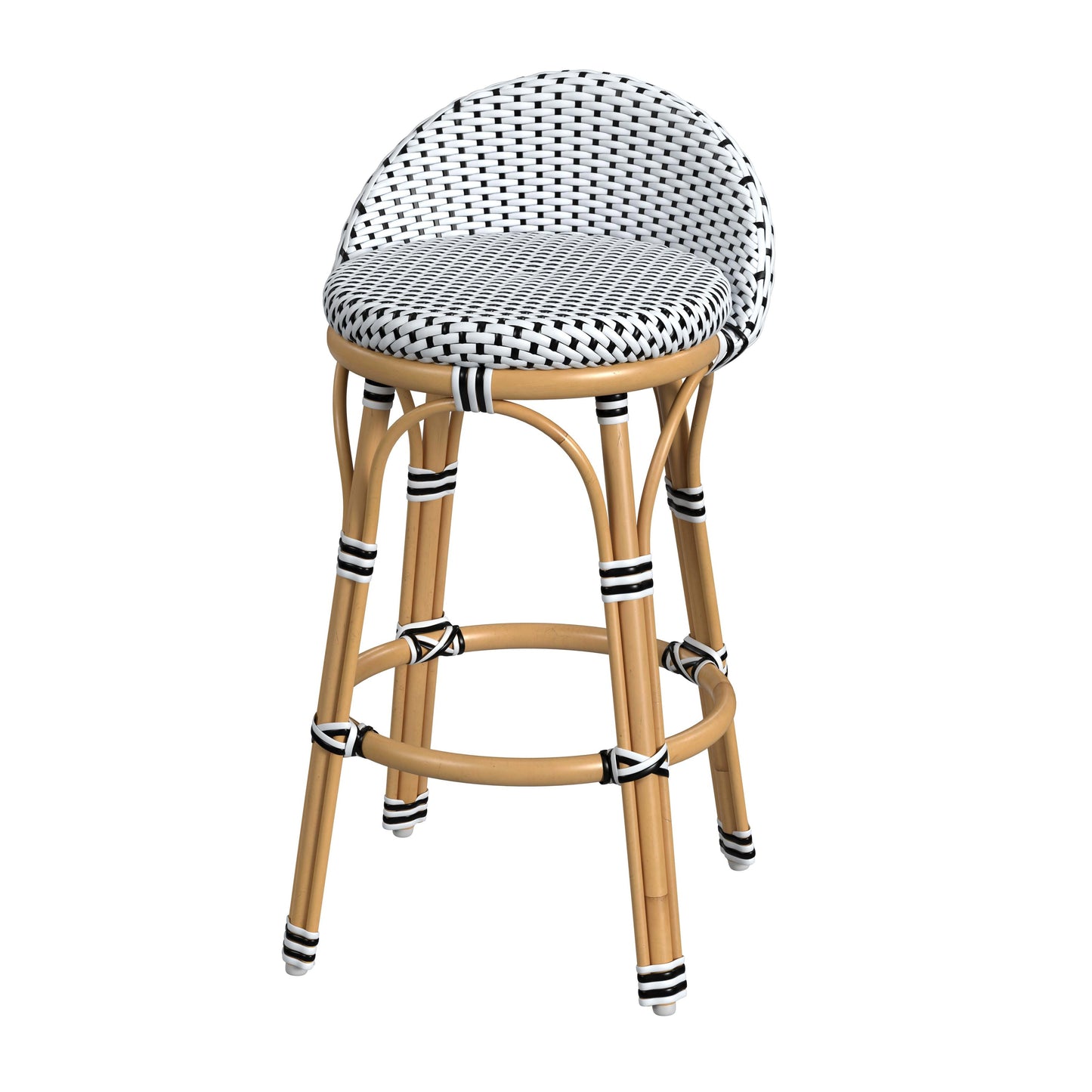 Tobias Outdoor Rattan and Metal Low Back Counter stool in Black and White  5649434