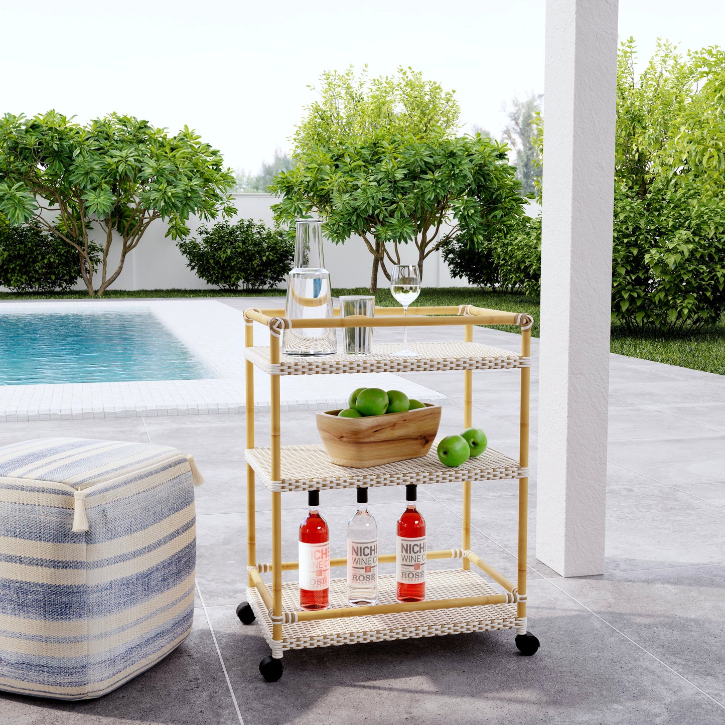 Tobias Outdoor Rattan and Metal 3- Tier Rattan Bar Cart in Beige and White  5651433