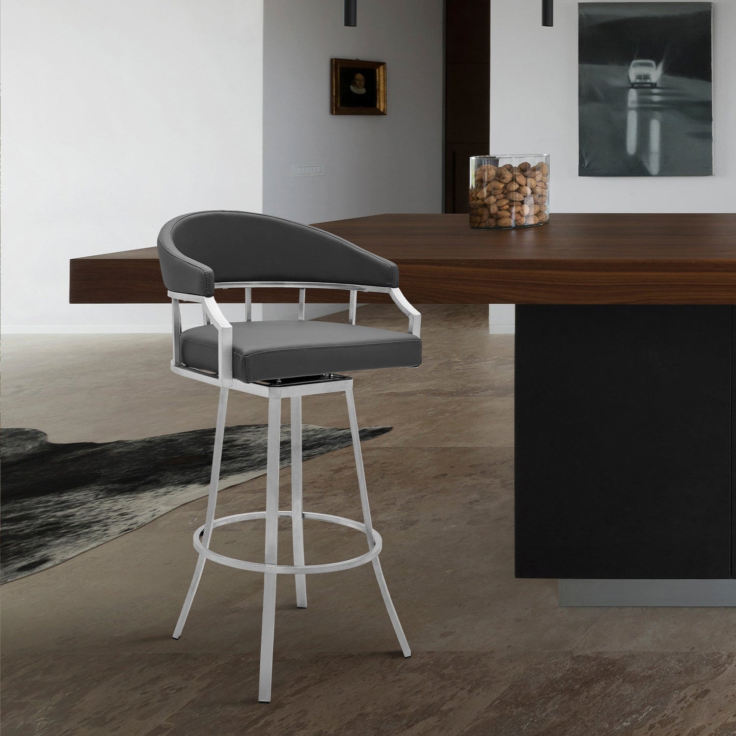 Valerie 26" Counter Height Swivel Modern Faux Leather Bar and Counter Stool in Brushed Stainless Steel Finish