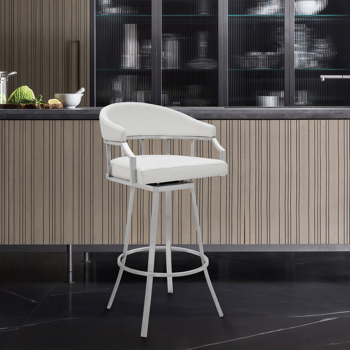 Valerie 26" Counter Height Swivel Modern White Faux Leather Bar and Counter Stool in Brushed Stainless Steel Finish