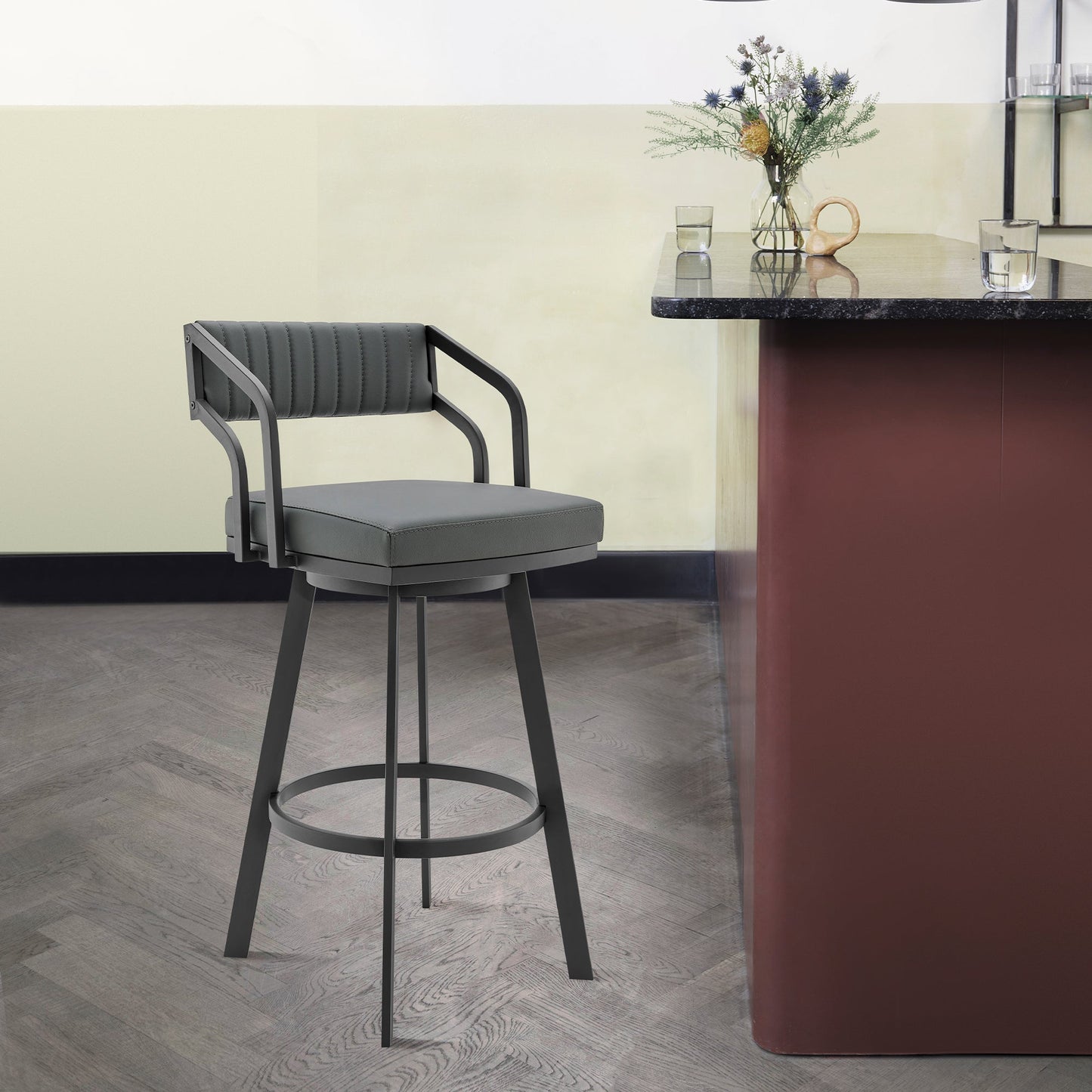 Capri 26" Swivel Modern Black Metal and Slate Gray Faux Leather Bar and Counter Stool