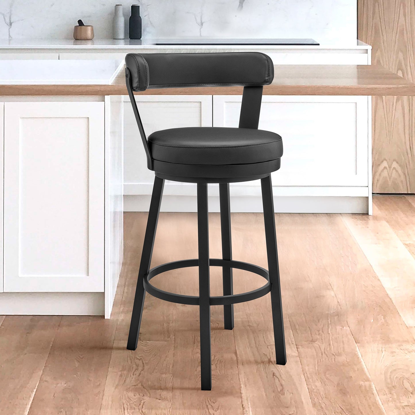 Kobe 26" Counter Height Swivel Bar Stool in Black Finish and Black Faux Leather