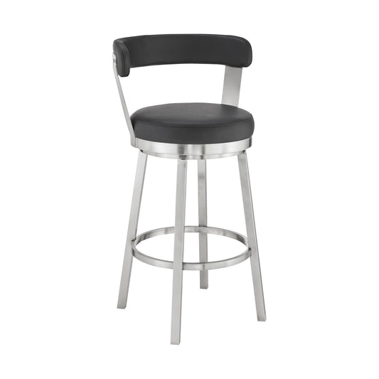 Kobe 26" Counter Height Swivel Bar Stool in Brushed Stainless Steel Finish and Black Faux Leather