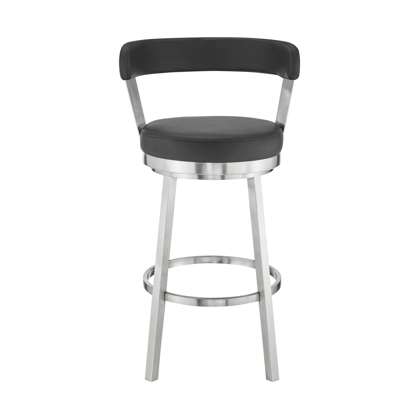 Kobe 26" Counter Height Swivel Bar Stool in Brushed Stainless Steel Finish and Black Faux Leather