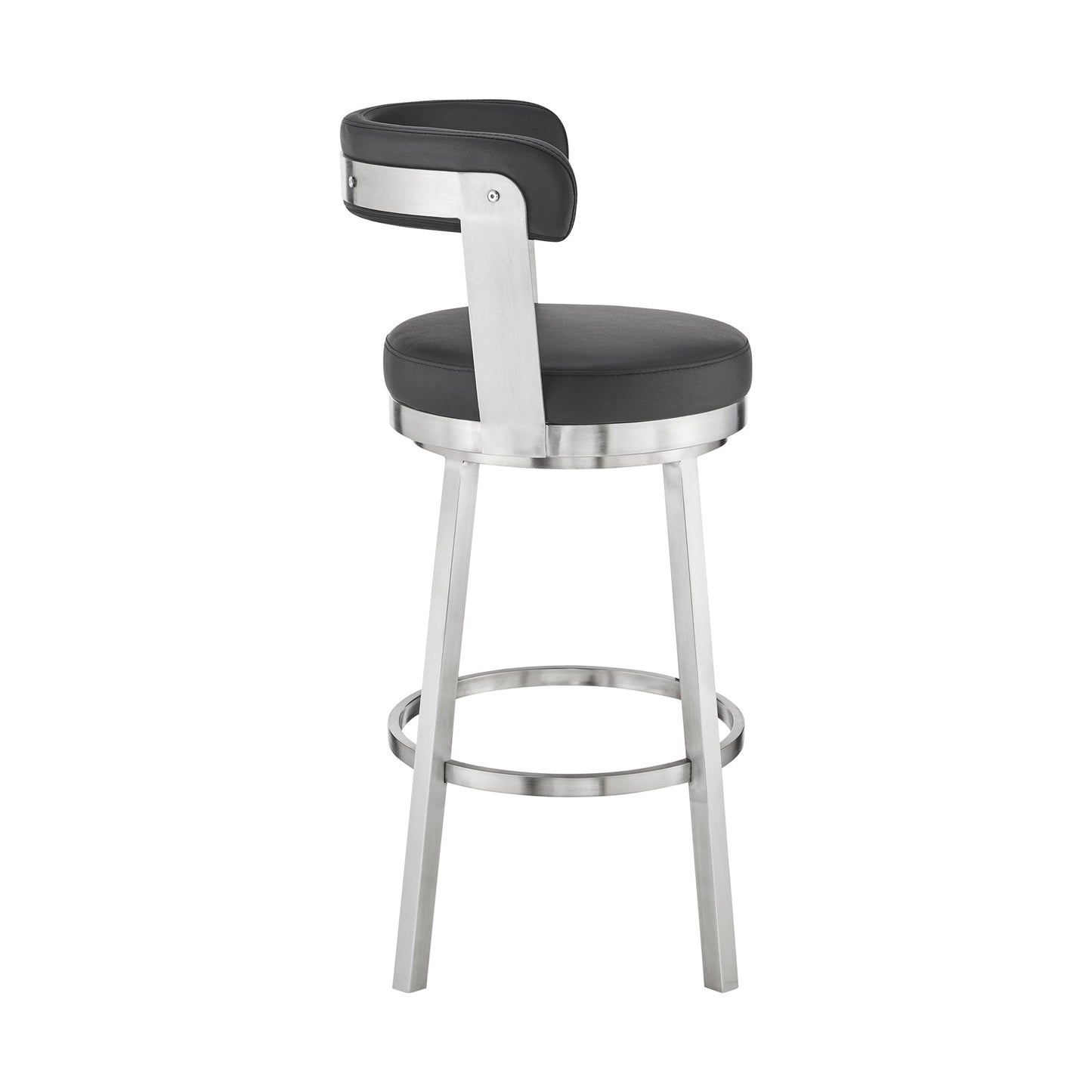 Kobe 26" Counter Height Swivel Bar Stool in Brushed Stainless Steel Finish and Black Faux Leather