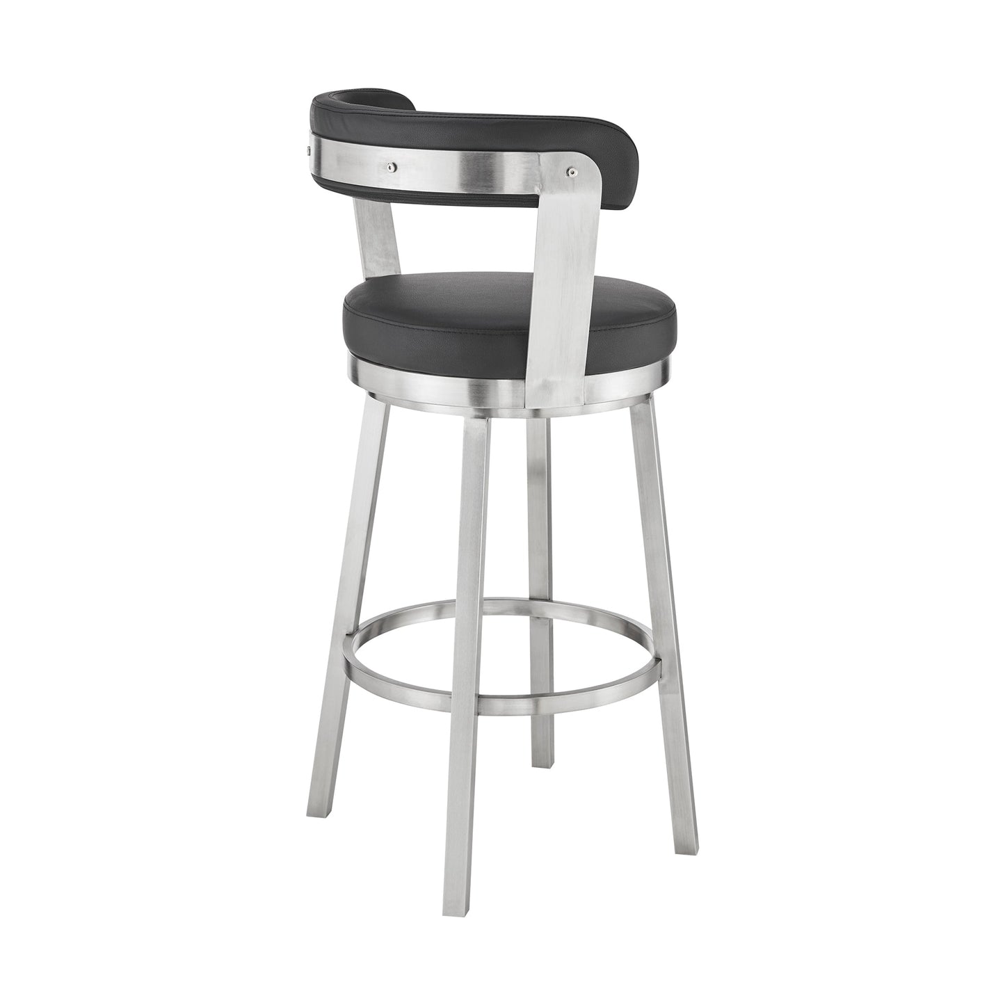 Kobe 26" Counter Height Swivel Bar Stool in Brushed Stainless Steel Finish and Black Faux Leather