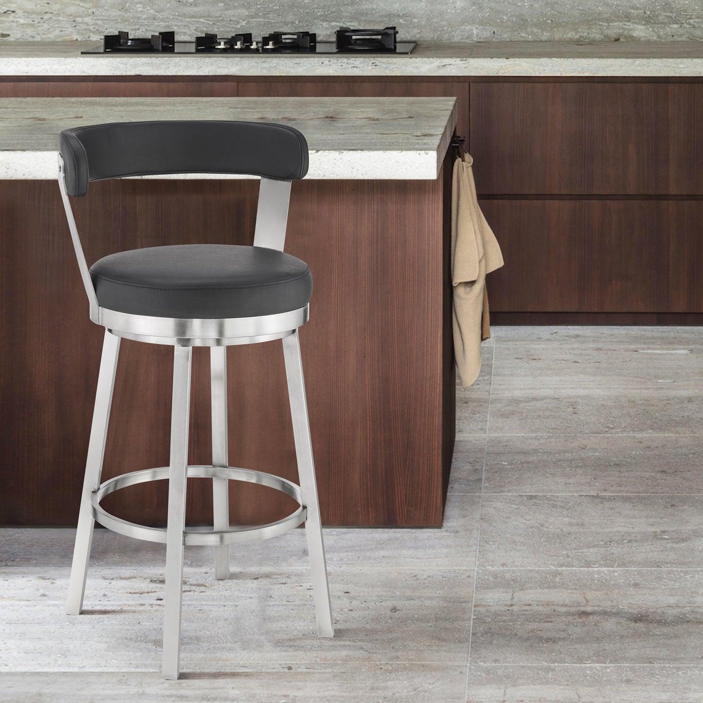 Kobe 26" Counter Height Swivel Bar Stool in Brushed Stainless Steel Finish and Black Faux Leather