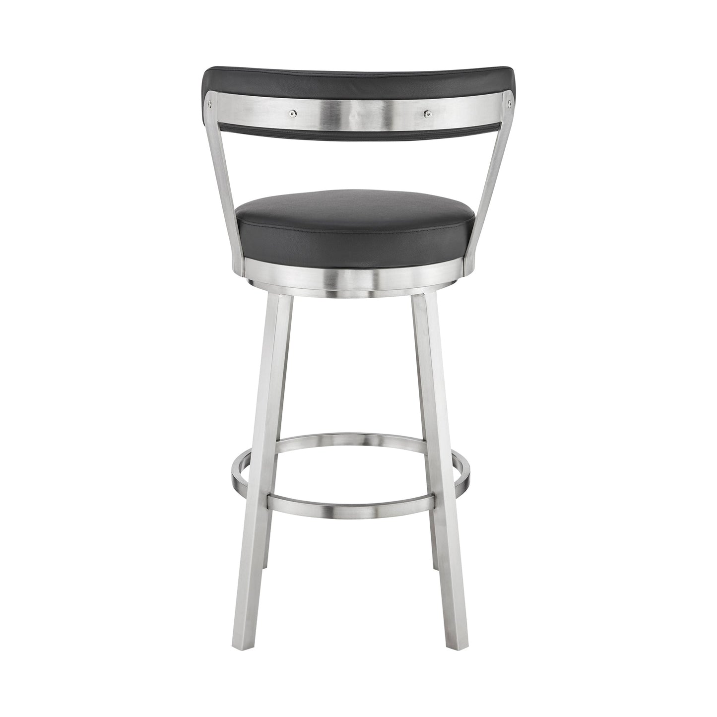 Kobe 30" Bar Height Swivel Bar Stool in Brushed Stainless Steel Finish and Black Faux Leather