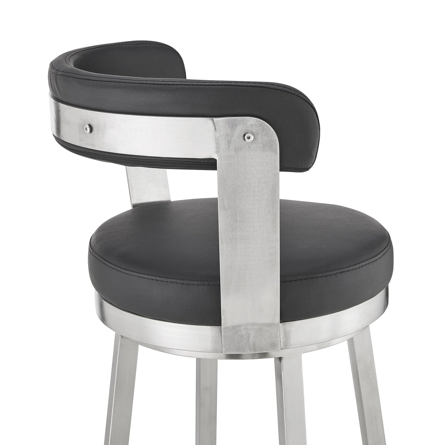 Kobe 30" Bar Height Swivel Bar Stool in Brushed Stainless Steel Finish and Black Faux Leather