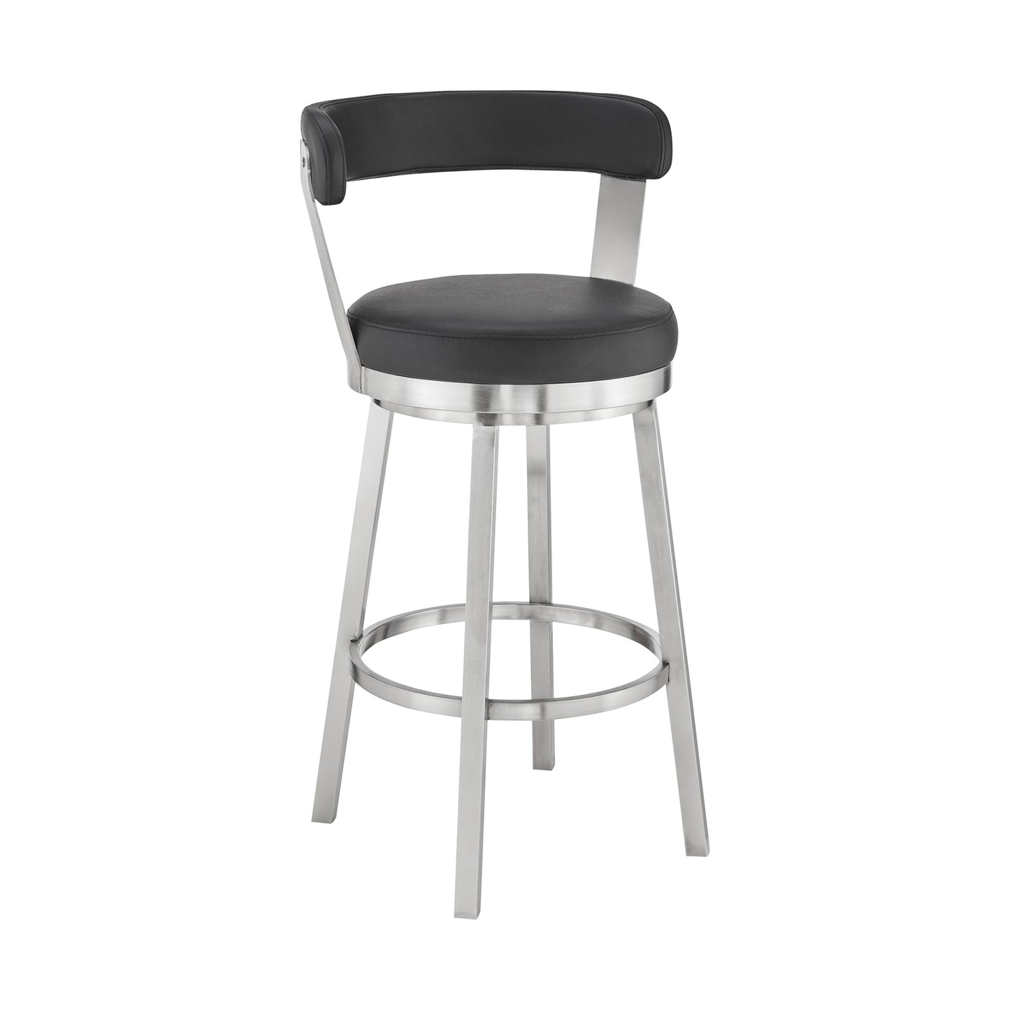 Kobe 30" Bar Height Swivel Bar Stool in Brushed Stainless Steel Finish and Black Faux Leather