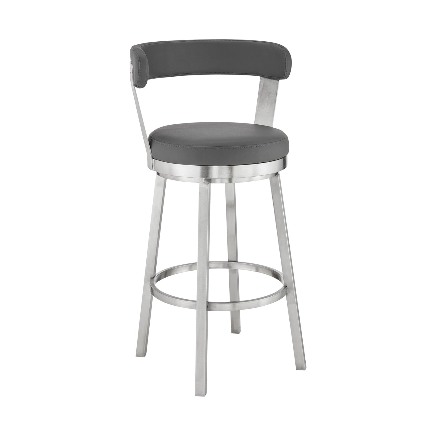 Kobe 26" Counter Height Swivel Bar Stool in Brushed Stainless Steel Finish and Gray Faux Leather