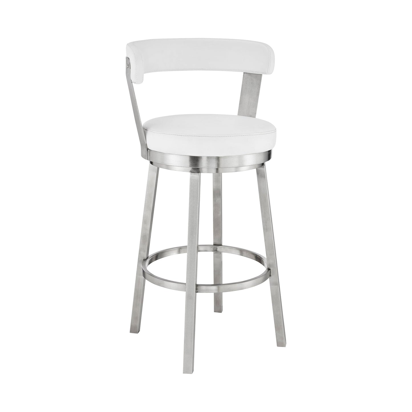 Kobe 26" Counter Height Swivel Bar Stool in Brushed Stainless Steel Finish and White Faux Leather