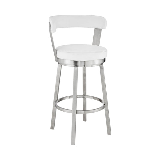 Kobe 26" Counter Height Swivel Bar Stool in Brushed Stainless Steel Finish and White Faux Leather