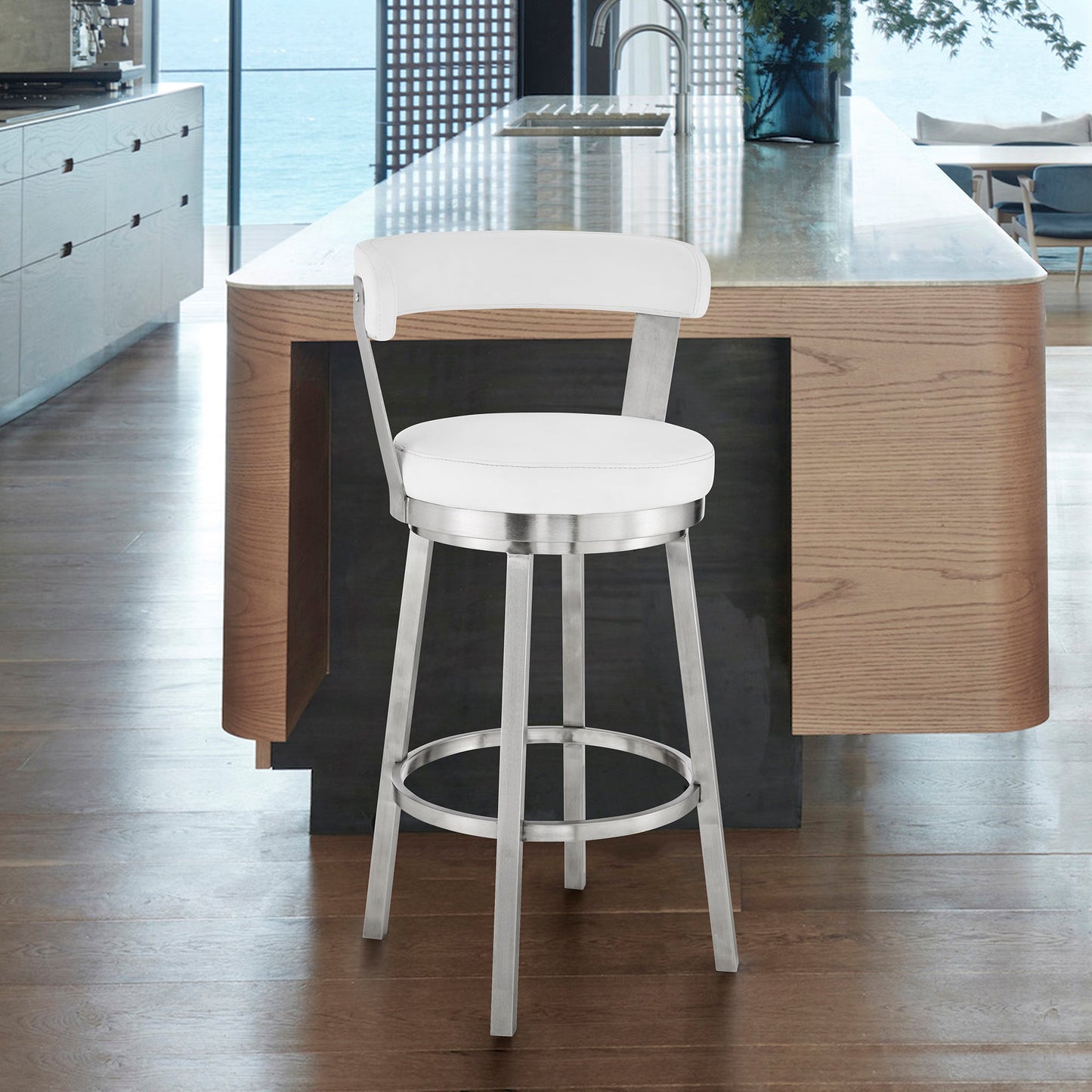 Kobe 26" Counter Height Swivel Bar Stool in Brushed Stainless Steel Finish and White Faux Leather