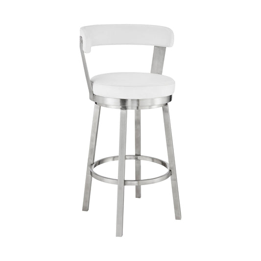 Kobe 30" Bar Height Swivel Bar Stool in Brushed Stainless Steel Finish and White Faux Leather