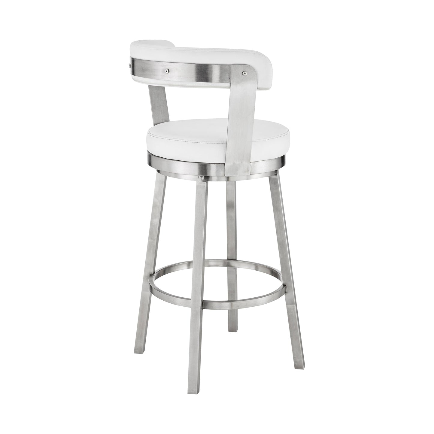 Kobe 30" Bar Height Swivel Bar Stool in Brushed Stainless Steel Finish and White Faux Leather