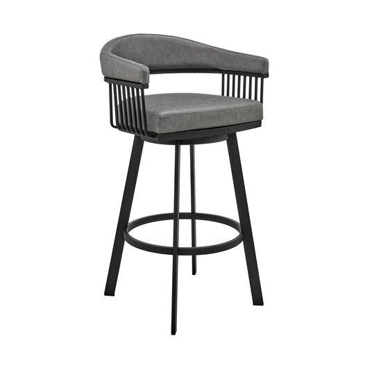 Bronson 25" Counter Height Swivel Bar Stool in Black Finish and Gray Faux Leather