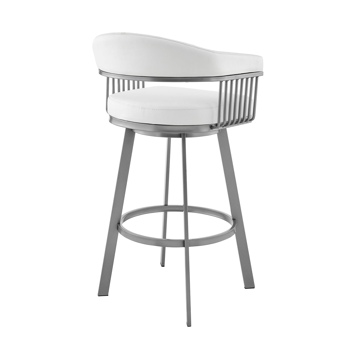 Bronson 25" Counter Height Swivel Bar Stool in Silver Finish and White Faux Leather