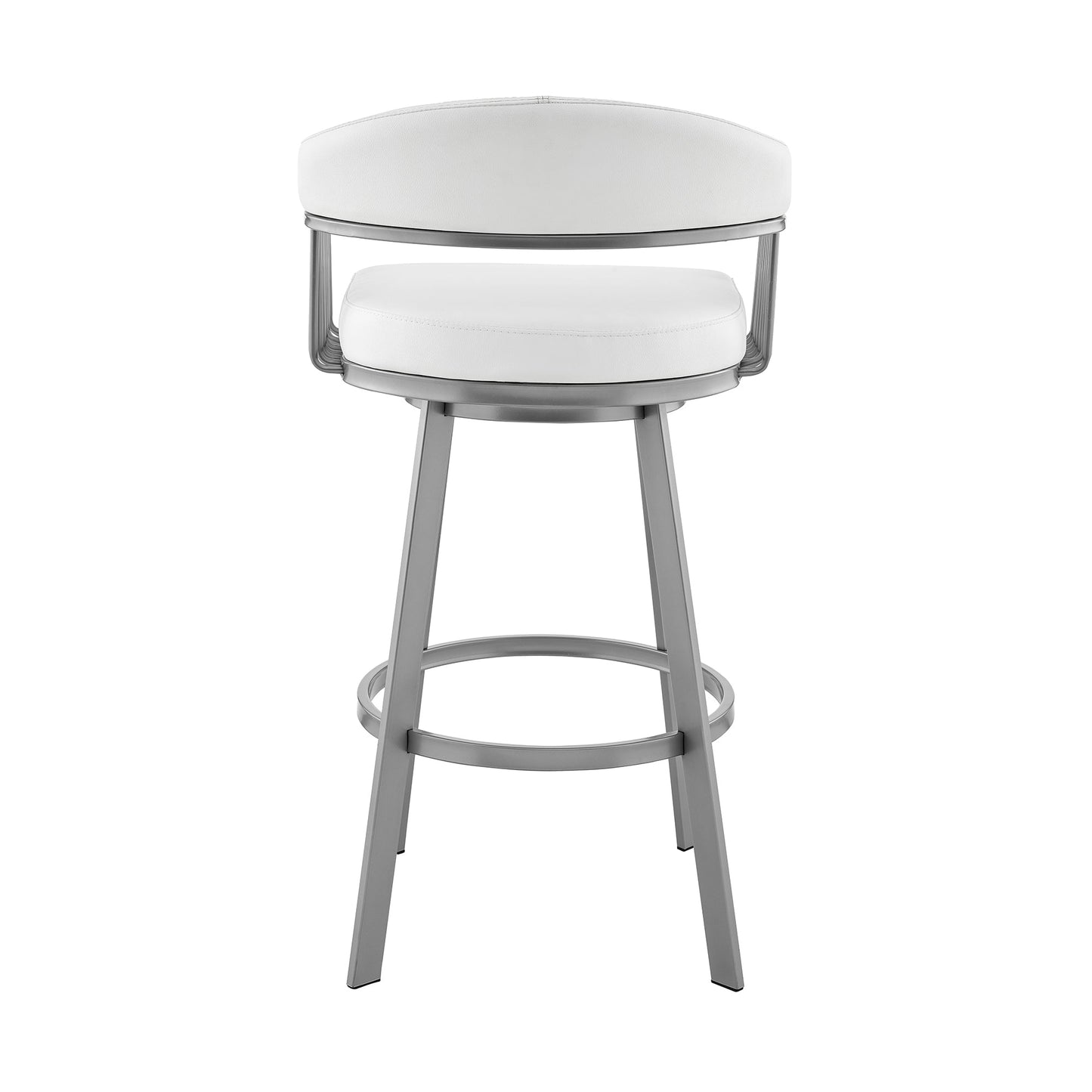 Bronson 25" Counter Height Swivel Bar Stool in Silver Finish and White Faux Leather