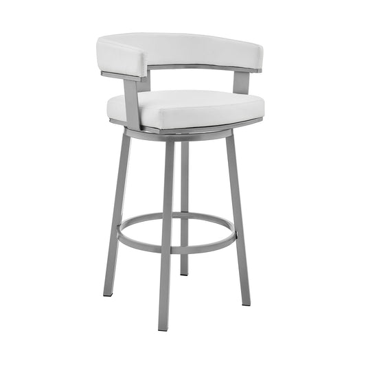 Cohen 26" Counter Height Swivel Bar Stool in Silver Finish with White Faux Leather