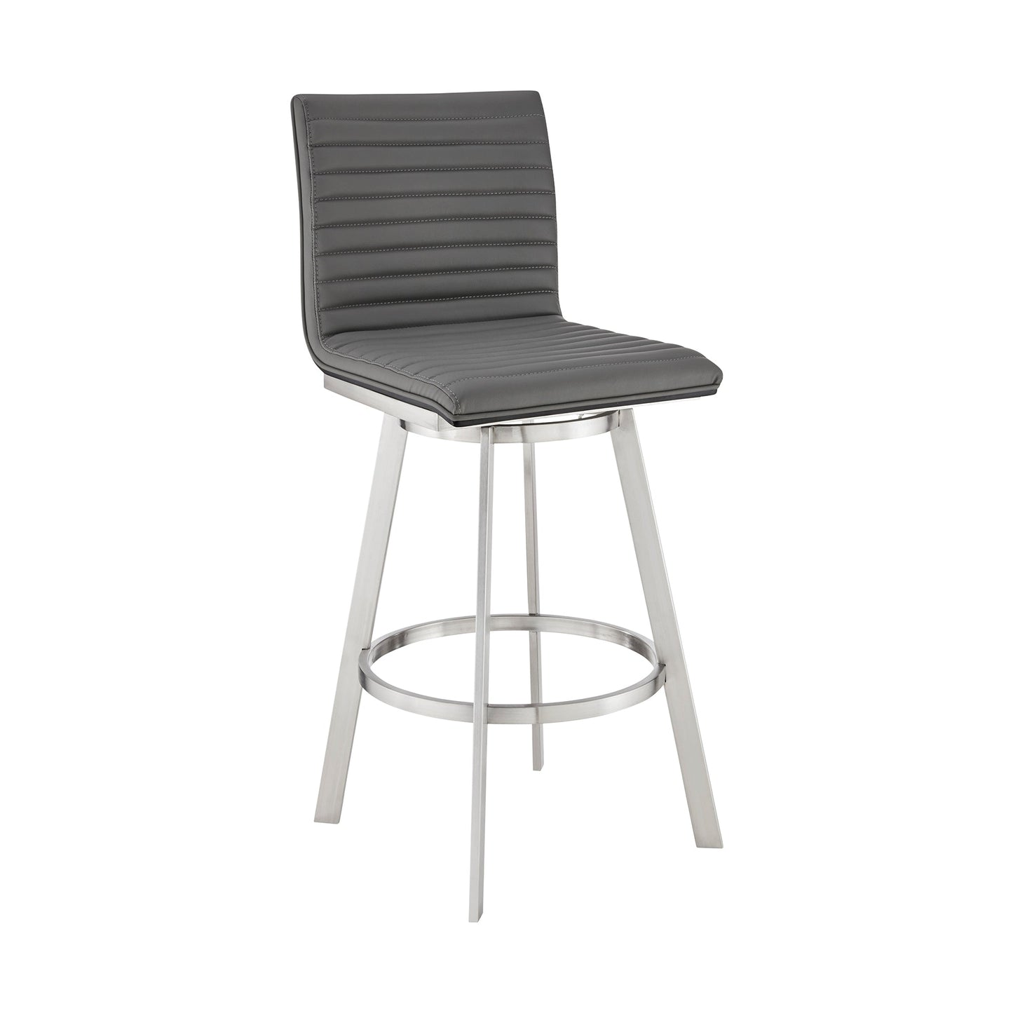 Jermaine 30" Bar Swivel Bar Stool in Brushed Stainless Steel Finish and Gray Faux Leather