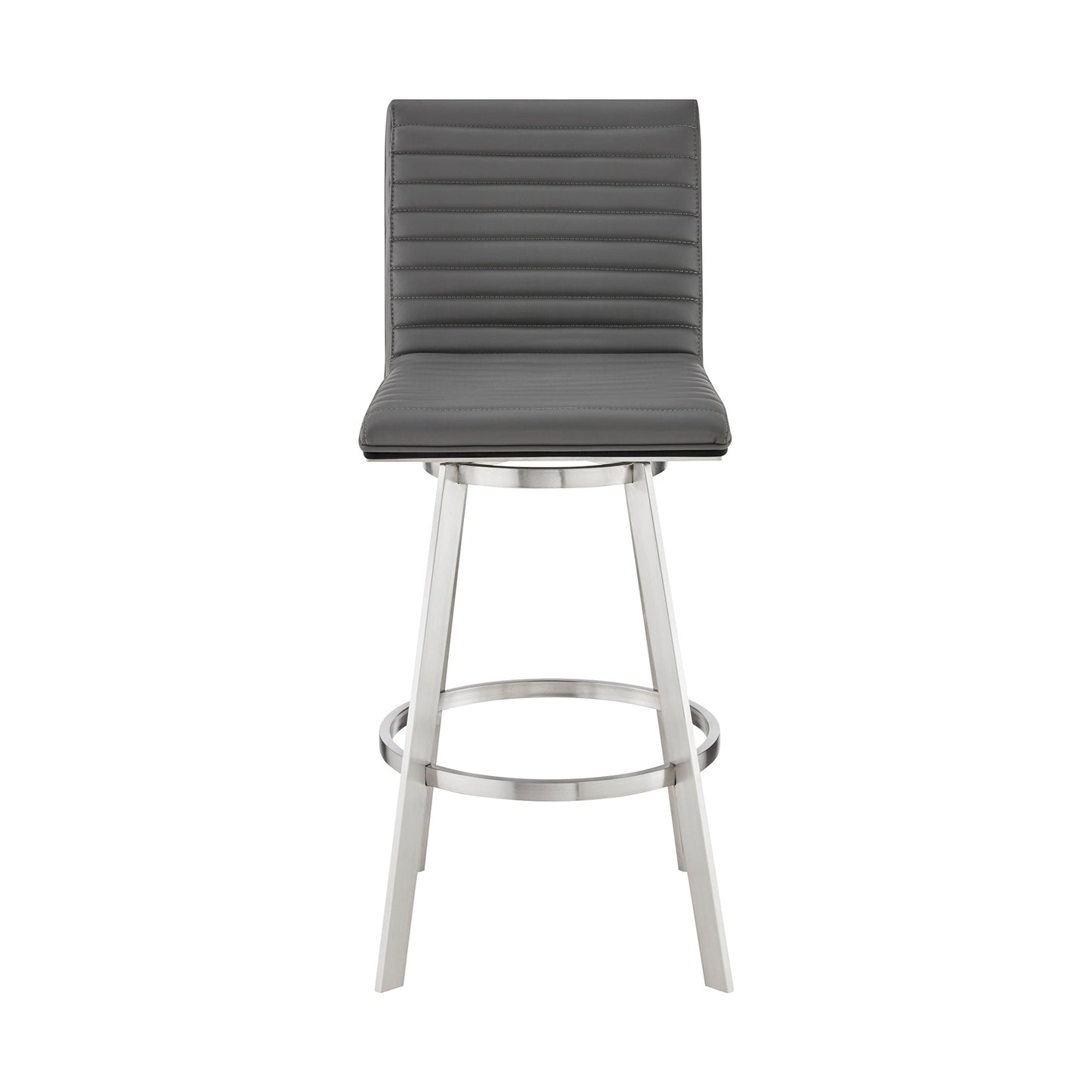 Jermaine 30" Bar Swivel Bar Stool in Brushed Stainless Steel Finish and Gray Faux Leather