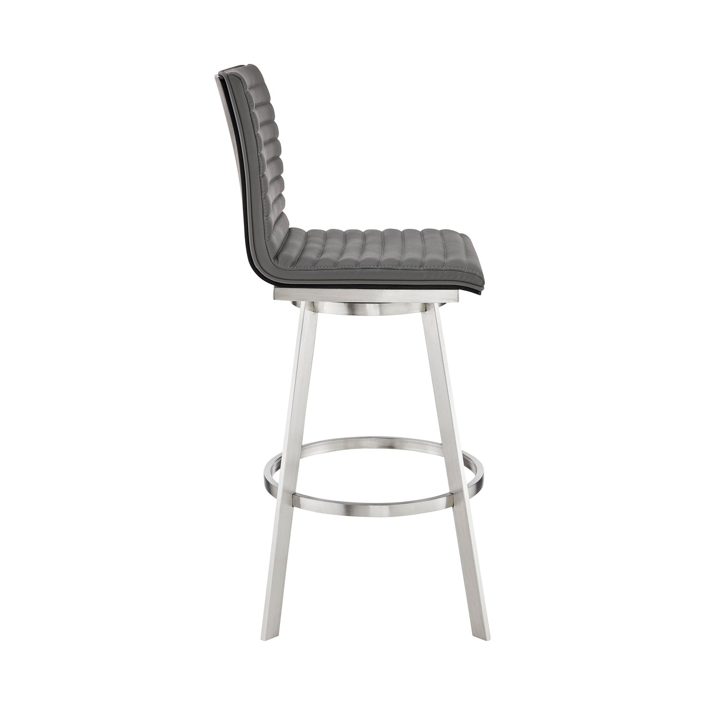 Jermaine 30" Bar Swivel Bar Stool in Brushed Stainless Steel Finish and Gray Faux Leather