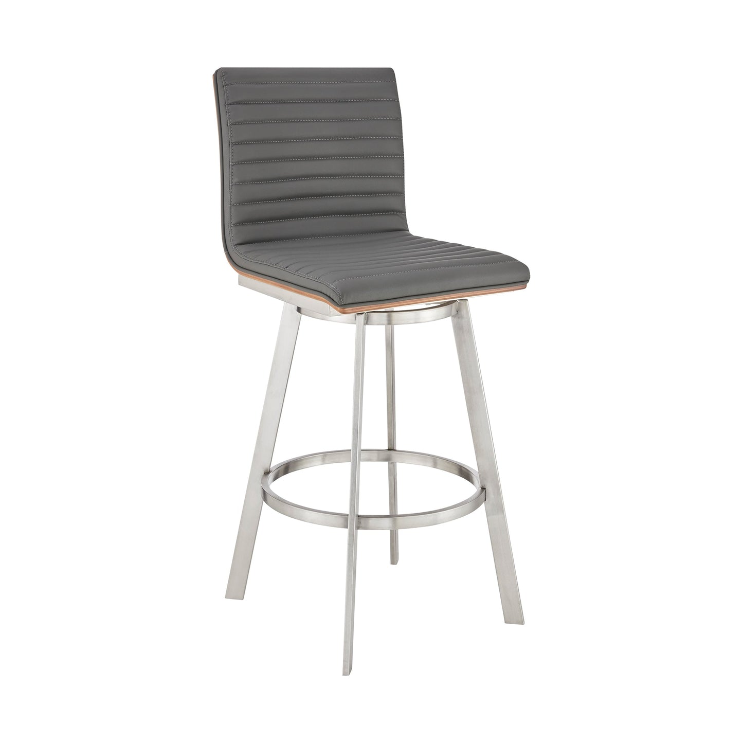 Jermaine 30" Bar Height Swivel Bar Stool in Brushed Stainless Steel Finish and Gray Faux Leather