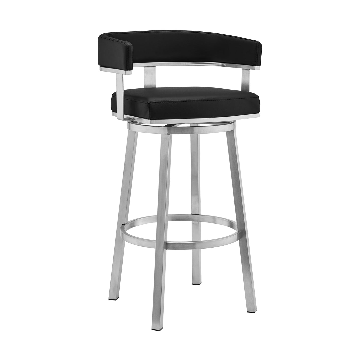 Cohen 30" Black Faux Leather and Brushed Stainless Steel Swivel Bar Stool