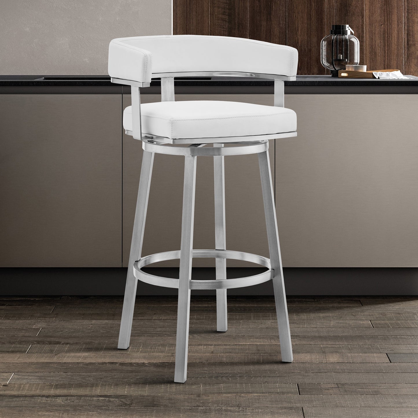 Lorin 26" White Faux Leather and Brushed Stainless Steel Swivel Bar Stool