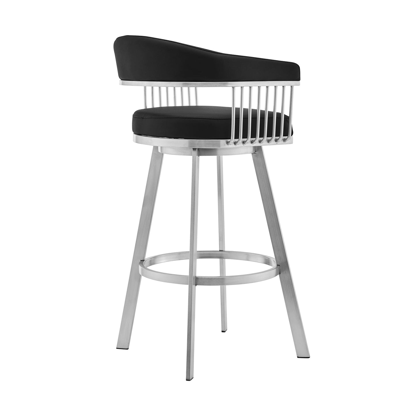 Bronson 25" Black Faux Leather and Brushed Stainless Steel Swivel Bar Stool