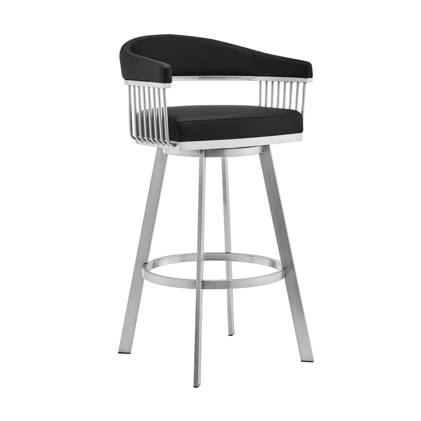 Bronson 29" Black Faux Leather and Brushed Stainless Steel Swivel Bar Stool